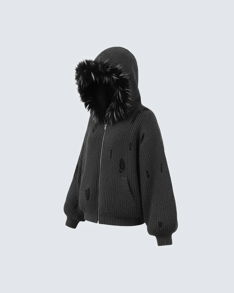KIIKIO Destroyed Knitted Sweater Plush Coat