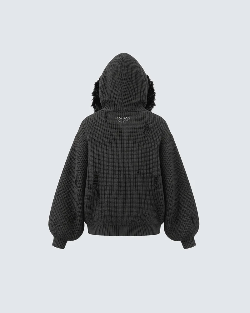 KIIKIO Destroyed Knitted Sweater Plush Coat