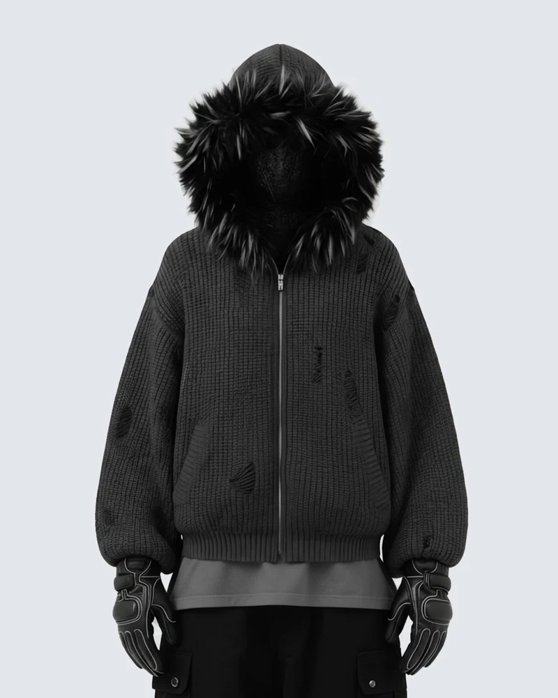 KIIKIO Destroyed Knitted Sweater Plush Coat