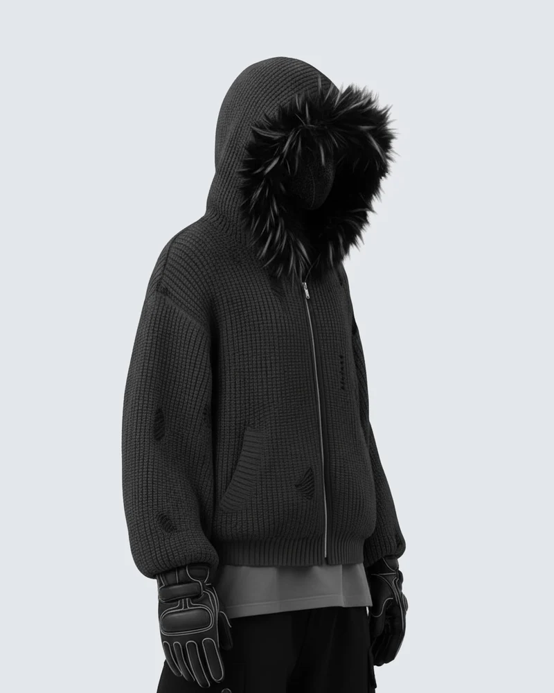 KIIKIO Destroyed Knitted Sweater Plush Coat