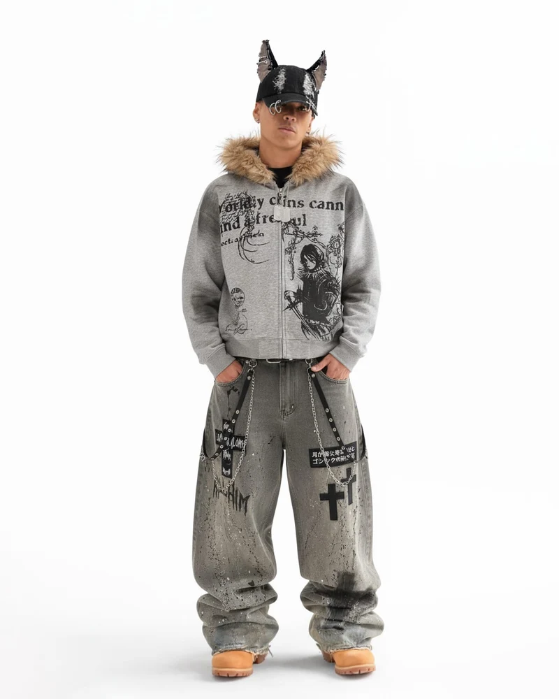 Distressed Paint-Splatter Patchwork Wide Jeans