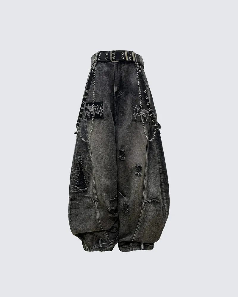 American Avant-Garde Distressed Letter Wide-Leg Jeans