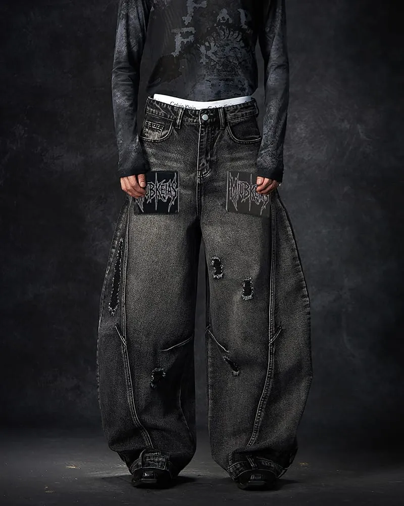 American Avant-Garde Distressed Letter Wide-Leg Jeans