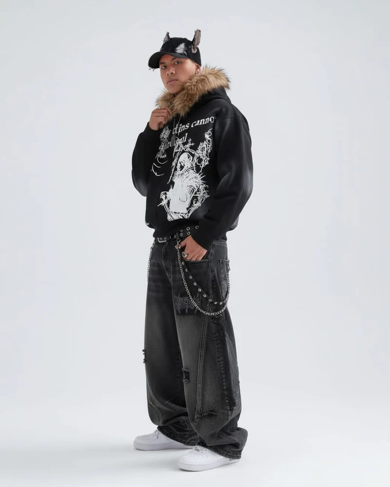 American Avant-Garde Distressed Letter Wide-Leg Jeans
