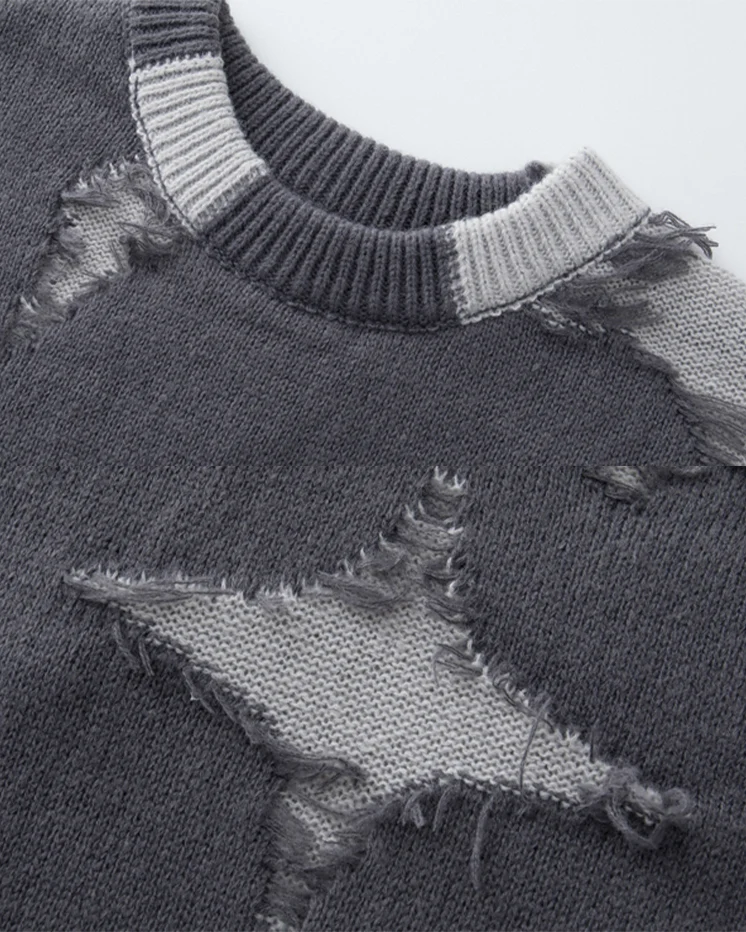American High Street Hip-Hop Patchwork Frayed Sweater