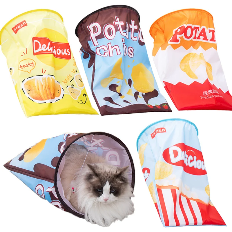 Katze Spielzeug, Katzentunnel zum Spielen und Verstecken, in Chips Tüten Design, mit Maus Spielzeug, unterhaltsames Beschäftigungsspielzeug (1 Stück)