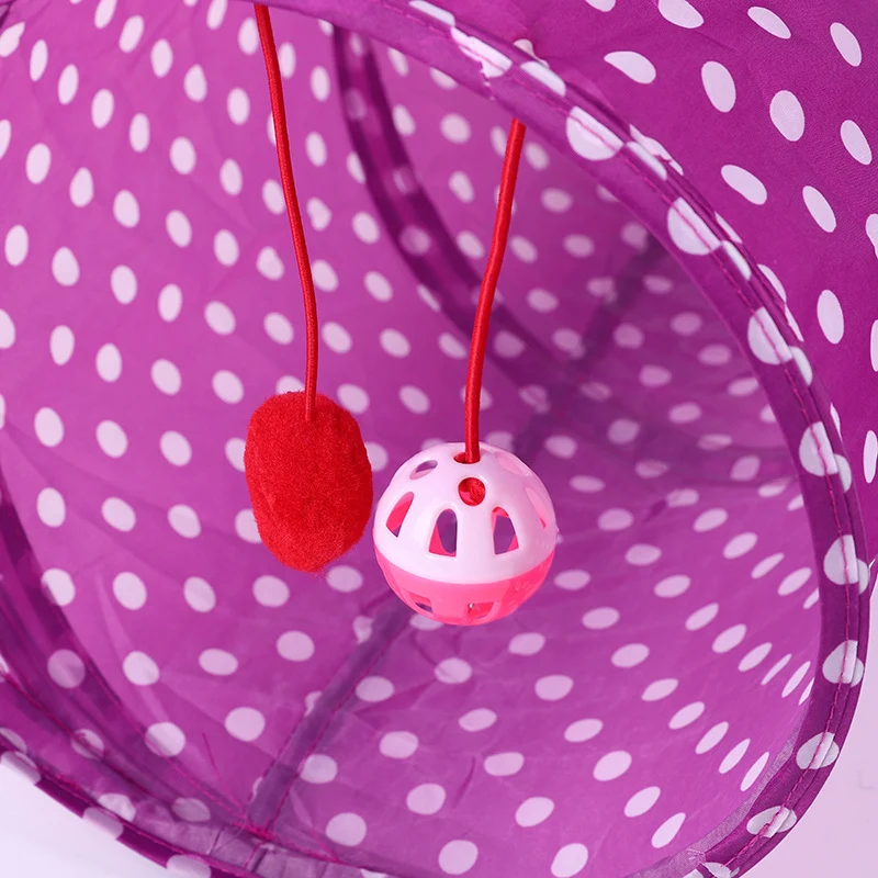 Katzentunnel, Interaktives Katzenspielzeug mit Plüschbällen und Glöckchen, Faltbarer Katzentunnel, Lila Punkten Design