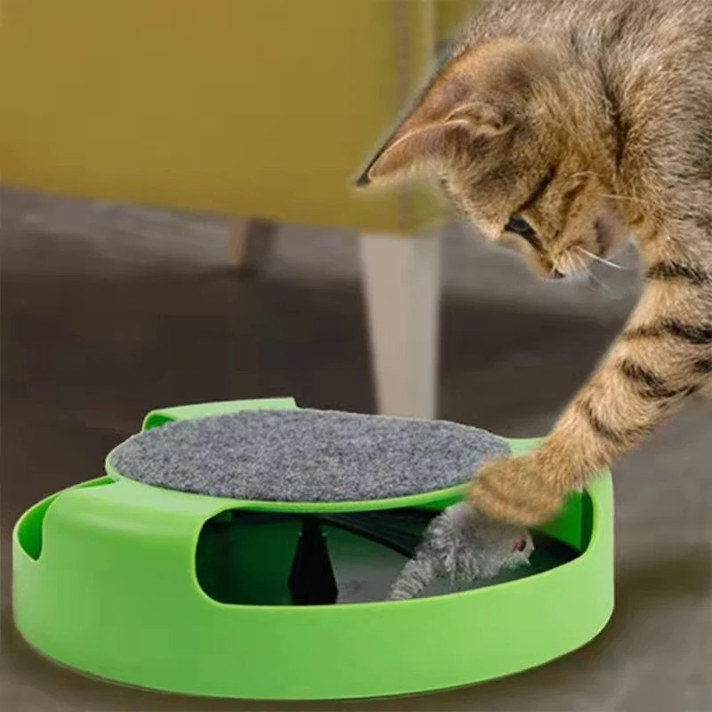 Katzenspielzeug Mausefalle 360° drehbar mit beweglicher Maus und Kratzbrett, rutschfeste Unterseite, idealer Spielspaß für Katzen