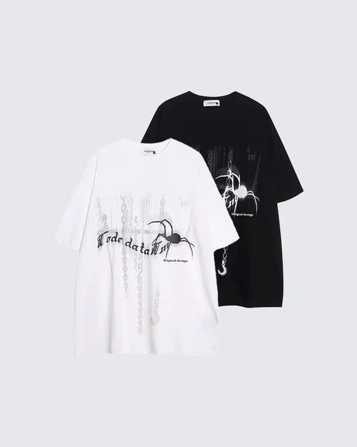Gothic Chain Print Oversized Black T-Shirt