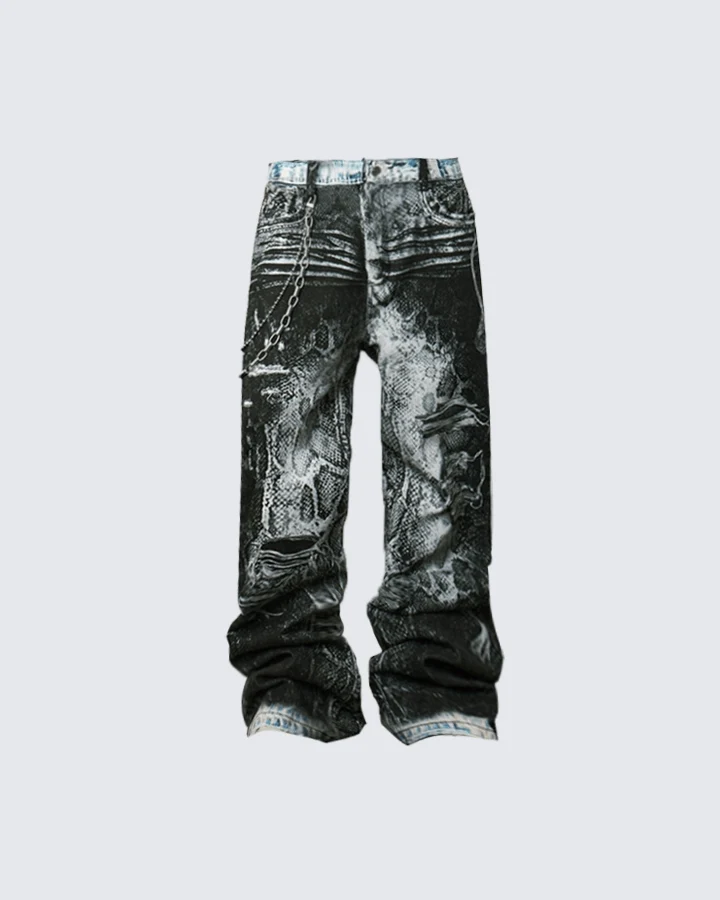 Grunge Snake Print Stacked Washed Jeans