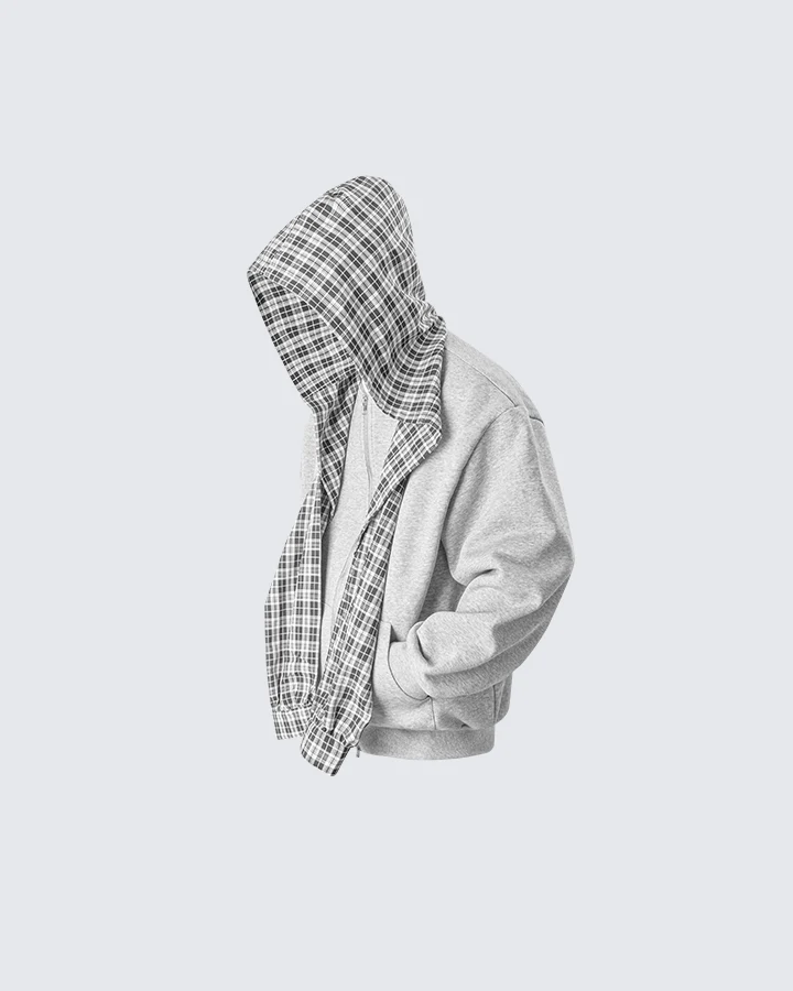 Plaid-Lined Dual-Wear Zip Hoodie
