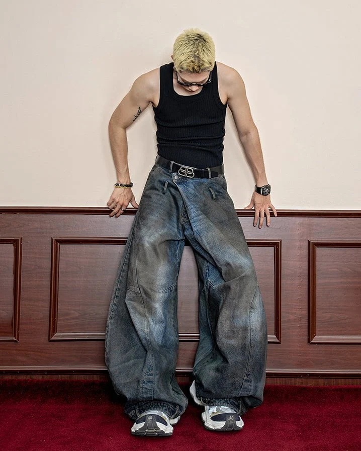 Washed Reverse-Waist Wide-Leg Jeans