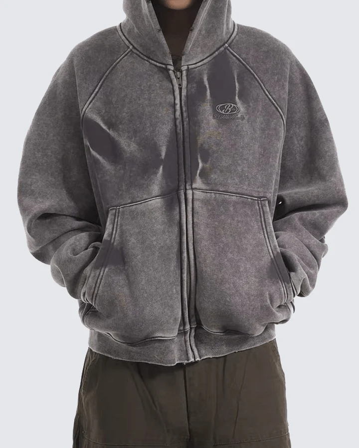 Vintage Washed Oversized Zip-Up Hoodie