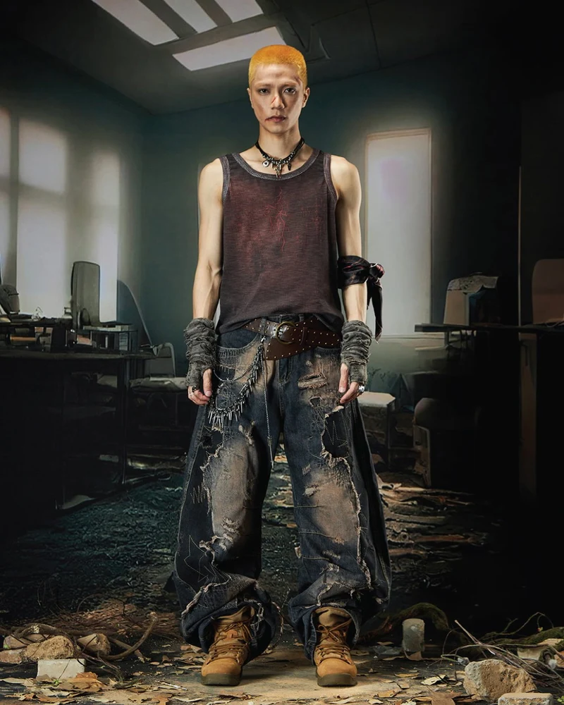 Deconstructed Washed Patchwork Blade-Cut Jeans