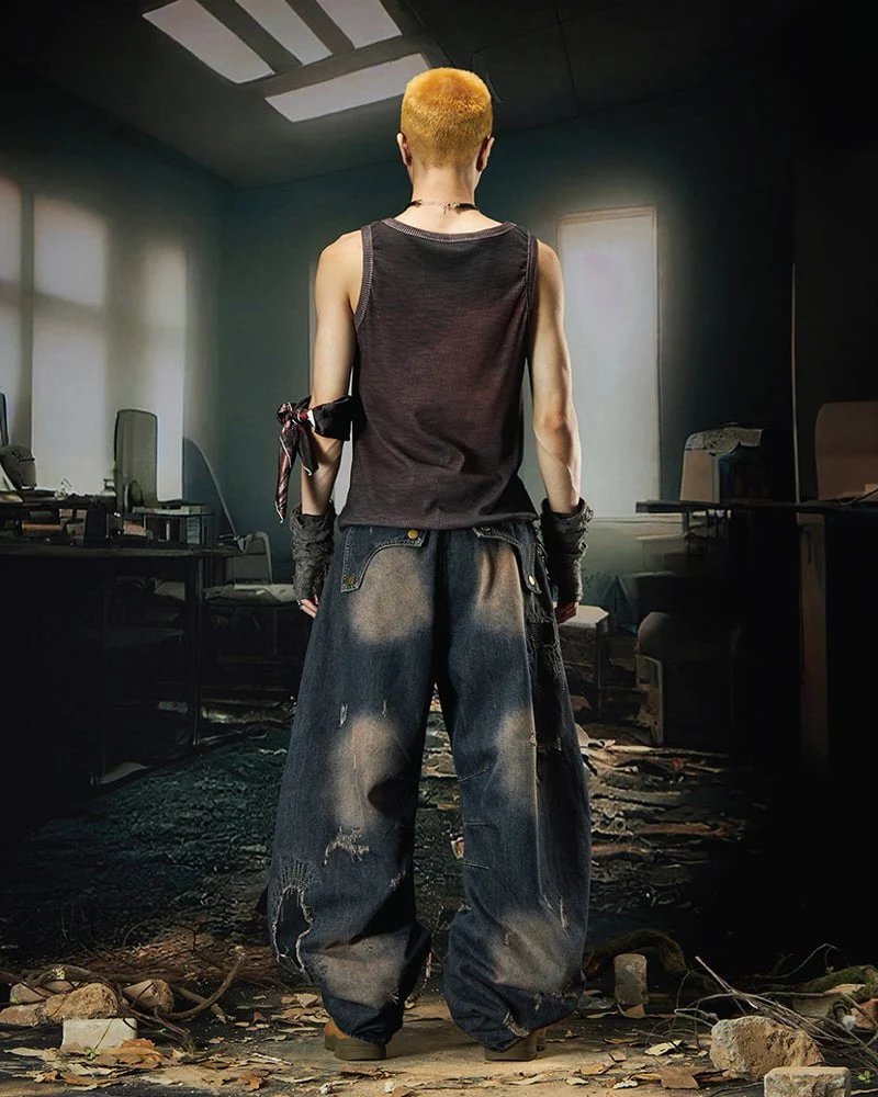 Deconstructed Washed Patchwork Blade-Cut Jeans