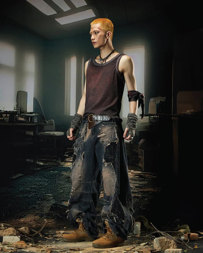 Deconstructed Washed Patchwork Blade-Cut Jeans
