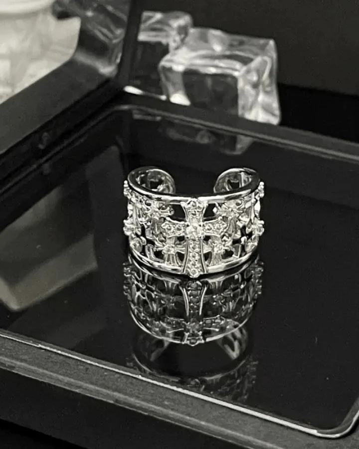 Gothic Cross Inlaid Zircon Open Ring