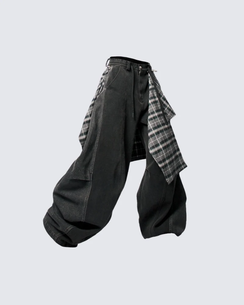 Detachable Plaid Layer Wide-Leg Pants