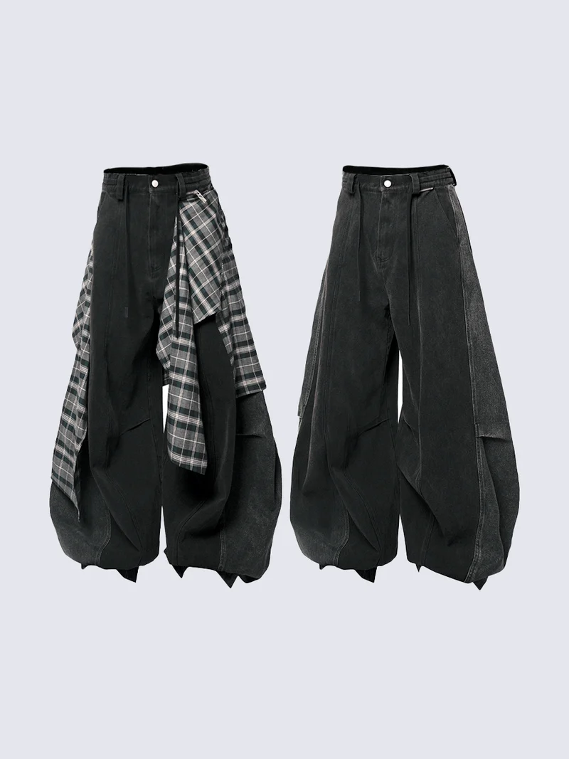 Detachable Plaid Layer Wide-Leg Pants