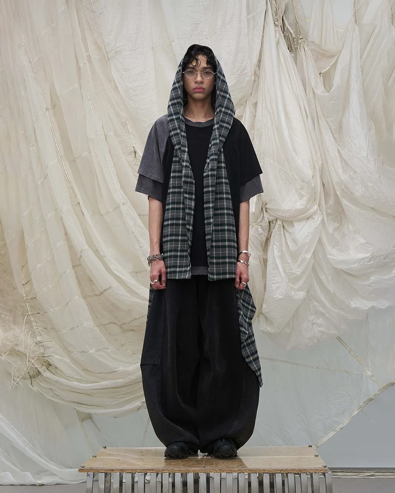 Detachable Plaid Layer Wide-Leg Pants