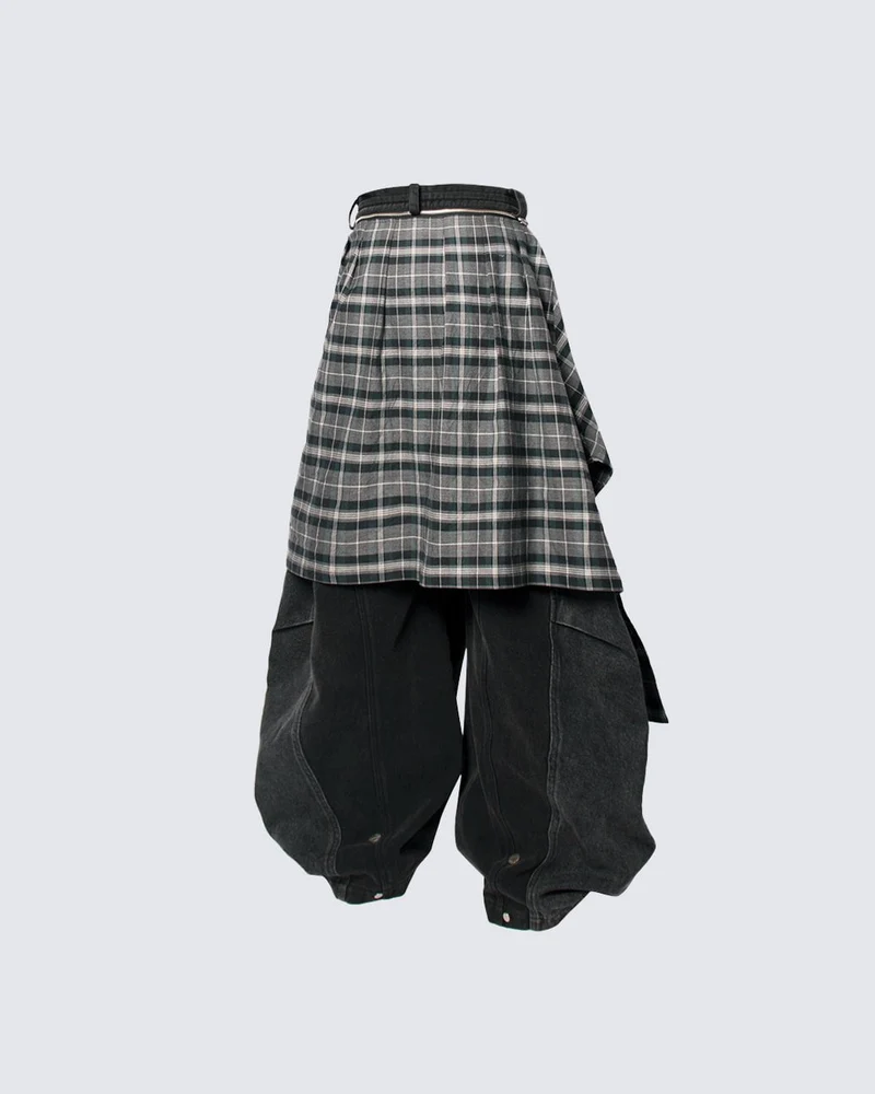 Detachable Plaid Layer Wide-Leg Pants
