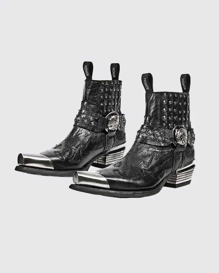 Skull Studded Western Ankle Boots – Gothic Cowboy Style