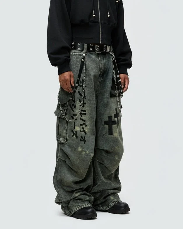 Dark Graffiti Patchwork Cargo Jeans（Free Belt and Chain Included）