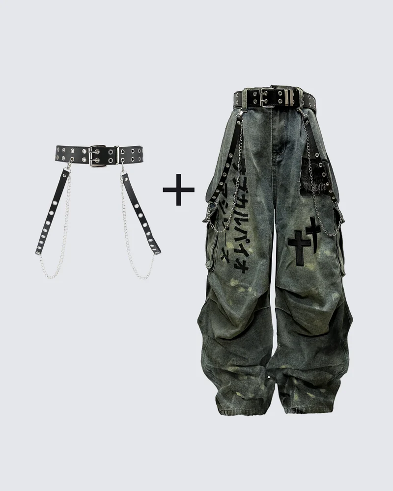 Dark Graffiti Patchwork Cargo Jeans（Free Belt and Chain Included）
