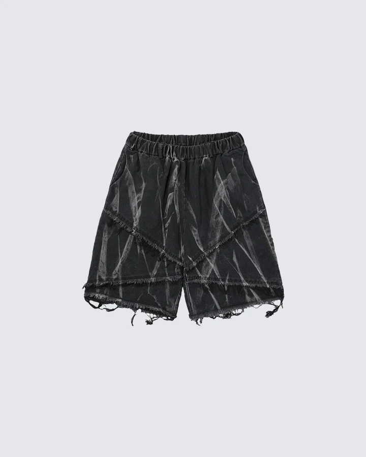 Distressed Black Denim Shorts with Abstract Print
