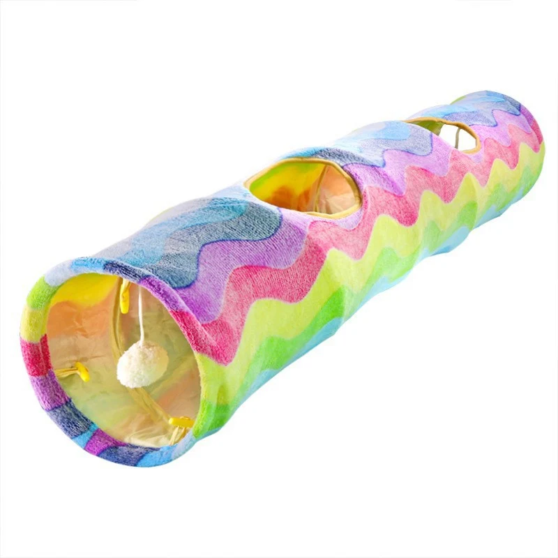 Katzentunnel, Regenbogenfarben Faltbarer Katzen-Spieltunnel aus Geräuschpapier mit mehreren Eingängen & aufgehängtem ball