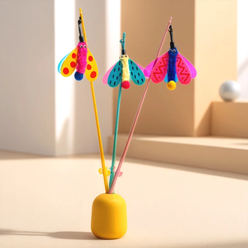 Katze Spielzeug, Katzenangel, Bunte fliegende Insektenform mit Glöckchen, Beißen, Handheld, 49 cm, Drei Farboptionen