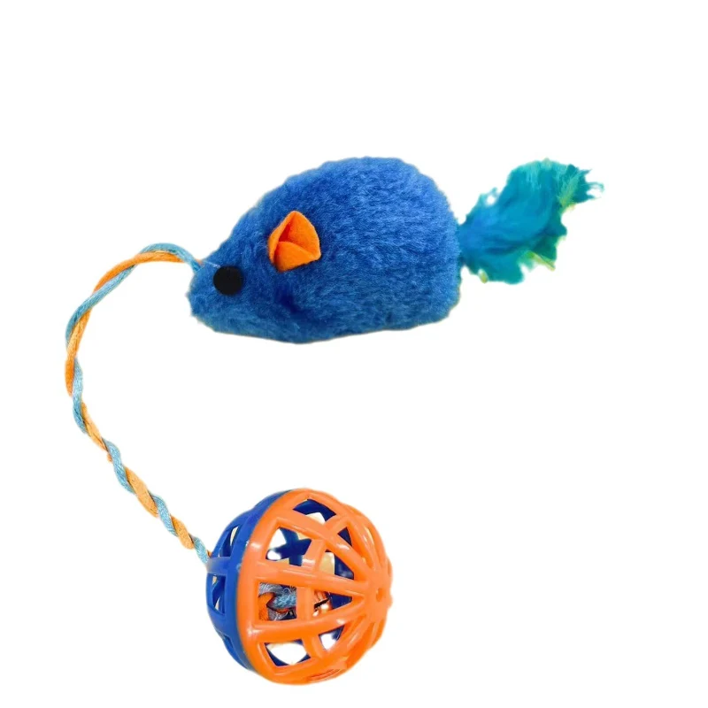 Katze Kuscheltier, Plüsch Maus mit Feder, Spielzeug für Katzen mit Hohlglockenkugel, zwei Farben: Orange & Blau