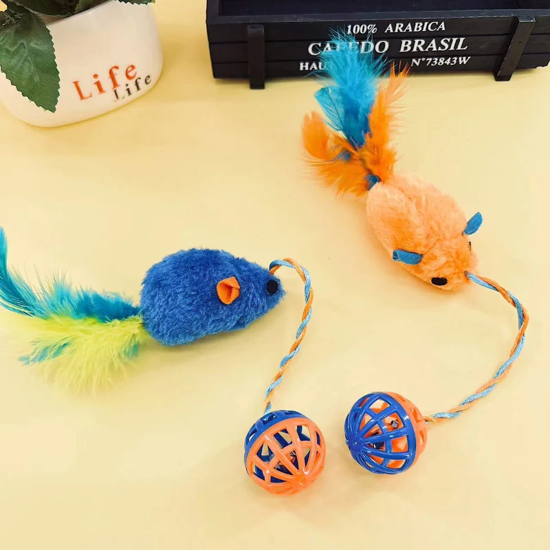 Katze Kuscheltier, Plüsch Maus mit Feder, Spielzeug für Katzen mit Hohlglockenkugel, zwei Farben: Orange & Blau