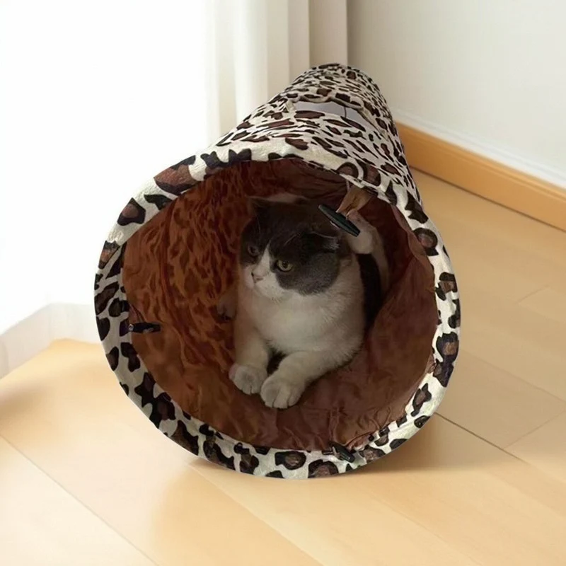 Katzentunnel mit Leopardenmuster, Runde Öffnung, weicher faltbarer Spieltunnel & Plüschball für Katzen