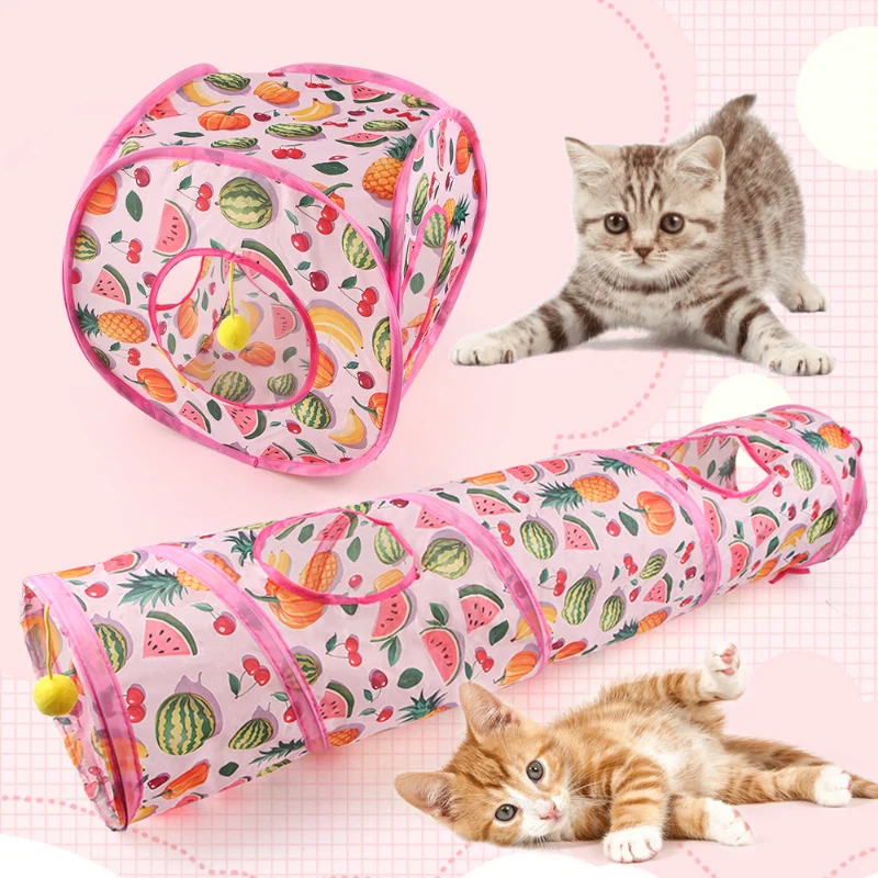 Katzentunnel mit Sommerfrucht-Druckmuster, faltbar, Hängender Plüsch-Katzenball, Rosa Serie, 3 Stile für aktive Katzen