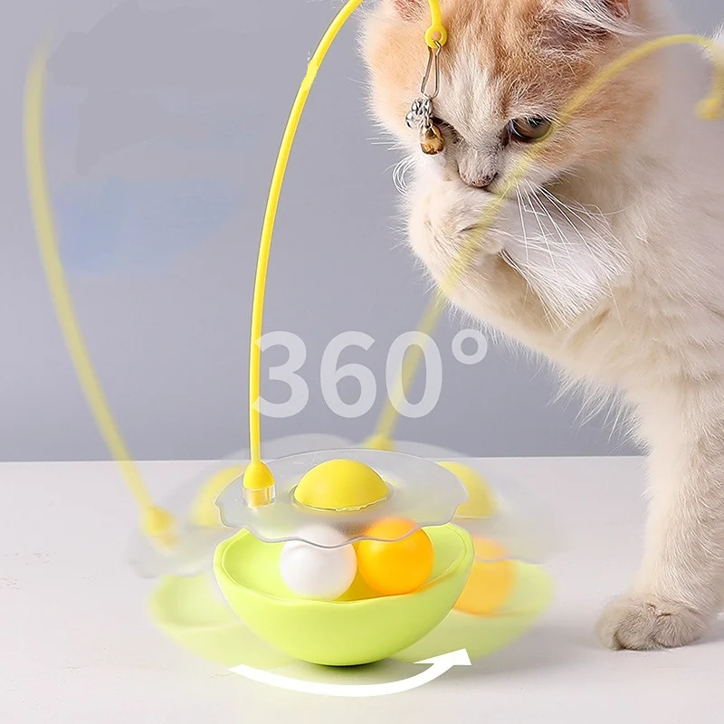 Katzen Spielzeug, Gelb Cat-Drehteller, Kippsicheres Design mit Wackel Federglocken-Katzenangel & Katzenminze-Bälle