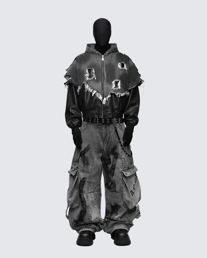 Deconstructed Layered Distressed Leather Jacket