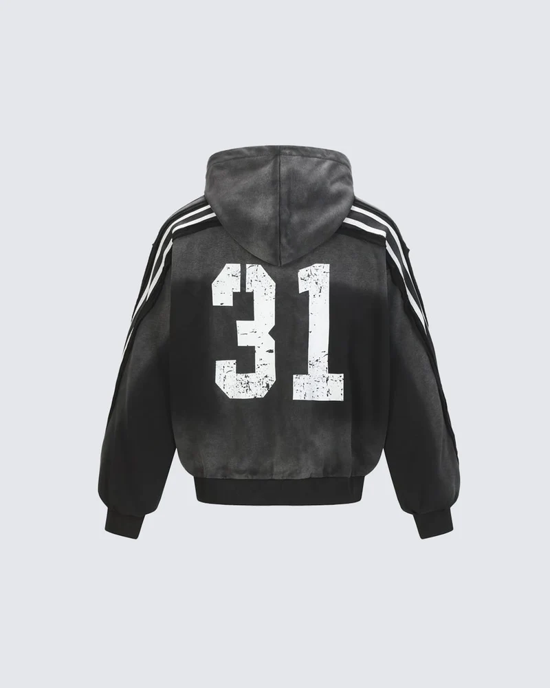 Vintage Loose Fit Washed Distressed Zip-Up Hoodie