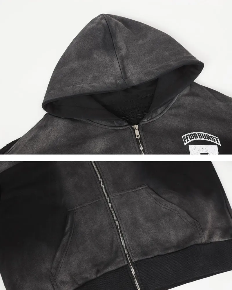 Vintage Loose Fit Washed Distressed Zip-Up Hoodie