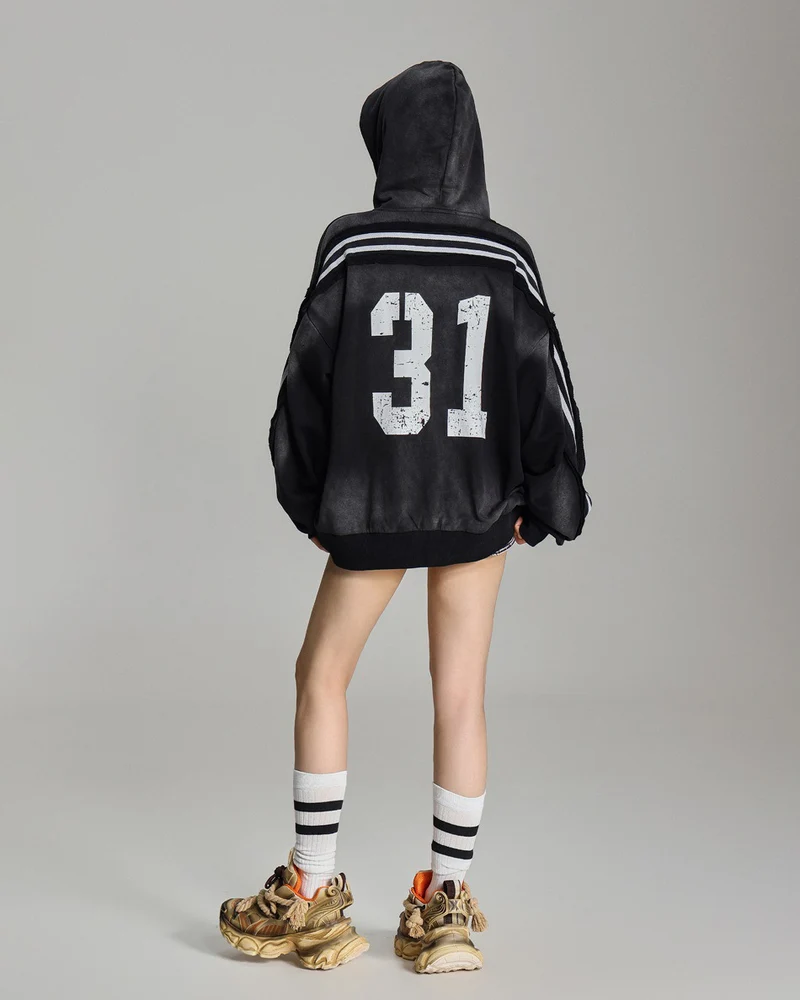 Vintage Loose Fit Washed Distressed Zip-Up Hoodie