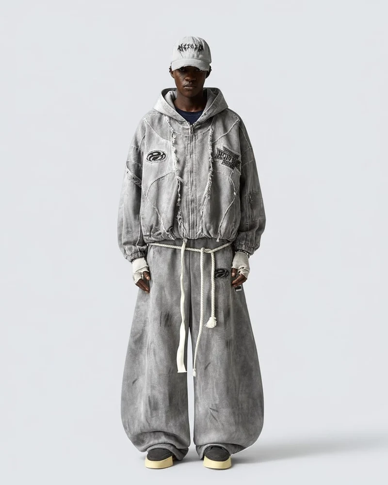 Distressed Dirty Curved-Cut Drawstring Sweatpants