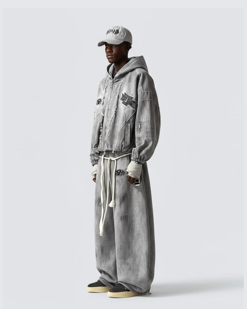 Distressed Dirty Curved-Cut Drawstring Sweatpants