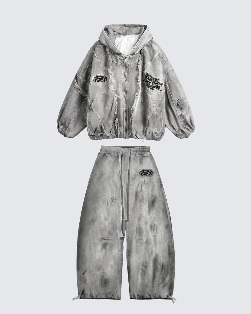Distressed Dirty Curved-Cut Drawstring Sweatpants