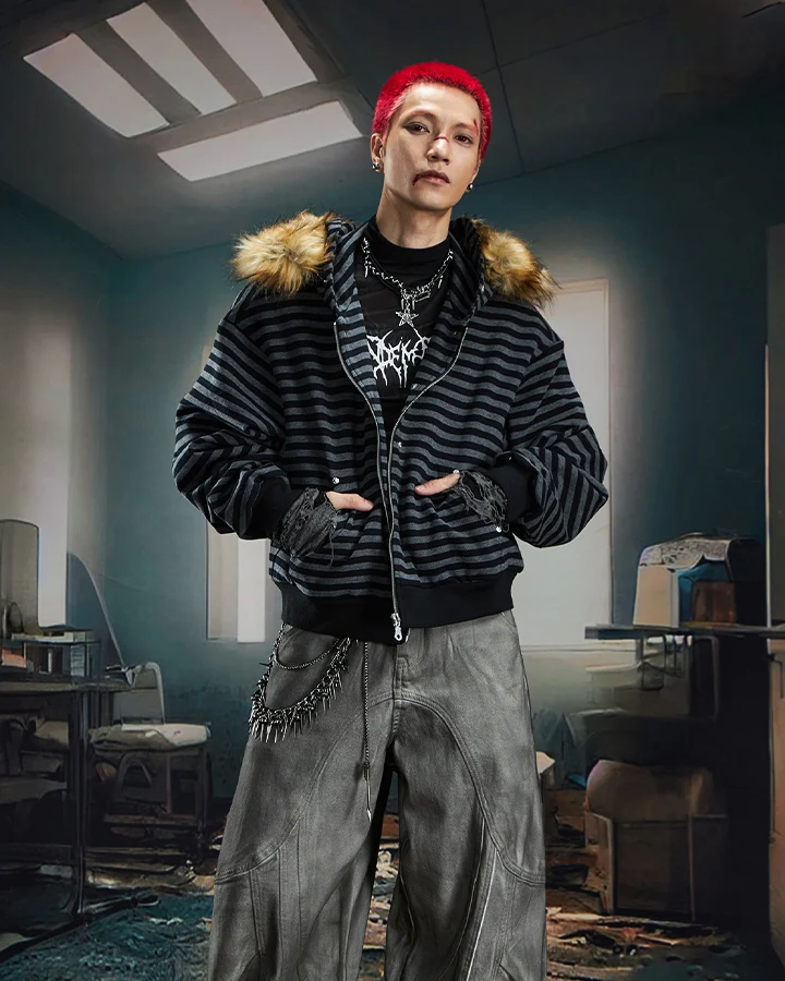 Striped Faux Fur Hooded Jacket