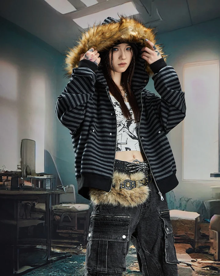 Striped Faux Fur Hooded Jacket