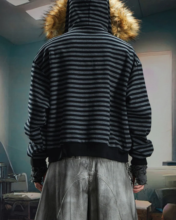 Striped Faux Fur Hooded Jacket