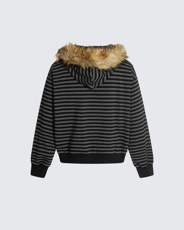 Striped Faux Fur Hooded Jacket