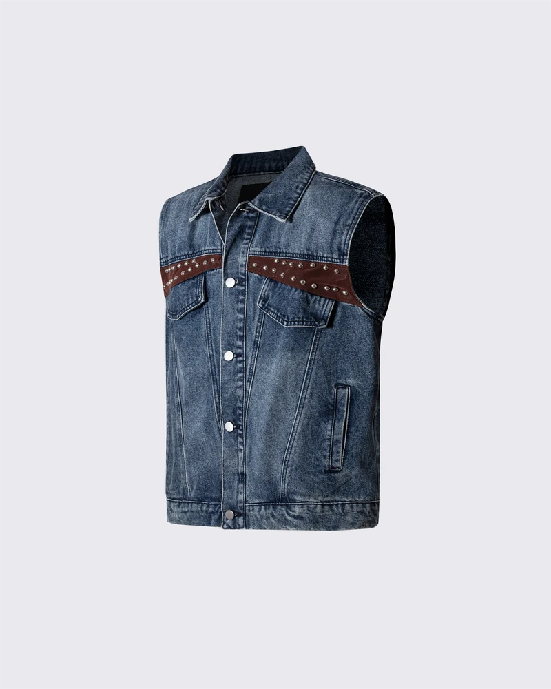 Leather Patch Studded Denim Vest