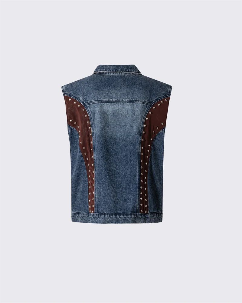 Leather Patch Studded Denim Vest