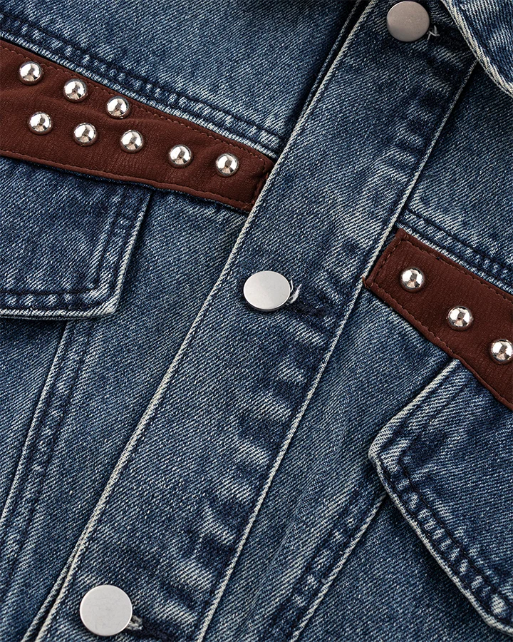 Leather Patch Studded Denim Vest